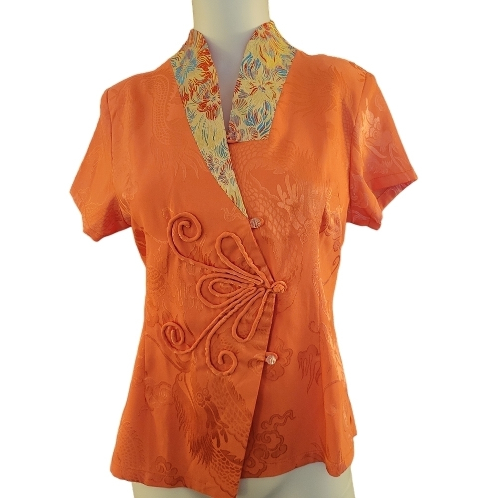Mandarin Short Sleeve Dragon Embroidery Blouse Orange XL(M)